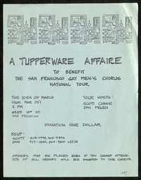 Flyer for the benefit event, A Tupperware Affaire, which was organized in order to raise funds for the Chorus' 1981 National Tour. 