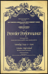 Poster for the Lesbian and Gay Chorus of San Francisco's first public concert, Premier Performance with the Lambda Pro Musica orchestra. Robin Kay and Jon Sims served as conductors. 
