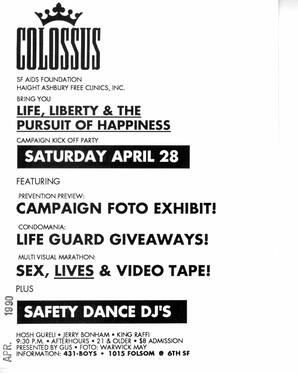 4 x 5 in. black and white cardstock advertisement [back] for Club Colossus "Life, Liberty & The Pursuit Of Happiness Campaign Kick Off Party."