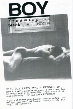 Black and white flyer for BOY party. This item is undated.