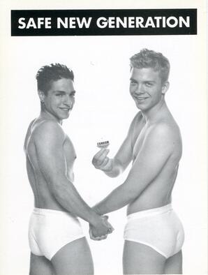 Black and white flyer with text that reads "Safe new generation." One of two individuals depicted holding a small packet printed with text that reads "Condom." This item is undated.