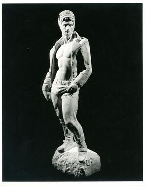 Black and white flyer depicting classical male nude sculpture dressed in motorcycle gear. Does not contain text. This item is undated.