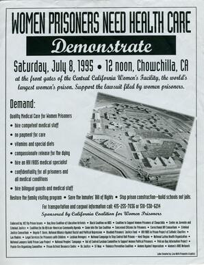 Flyer publicizing a demonstration to take place at the Central California Women's Facility in Chowchilla, CA on Saturday, July 8, 1995 at noon.