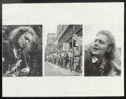 A series of photographs of Janet MacHarg in her youth performing with her guitar and marching in what is believed to be a protest against the United States government's support of Generalissimo Francisco Franco.
