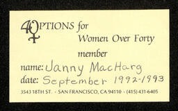 Janet MacHarg's Options for Women Over 40 membership card.