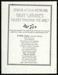 A flyer for Gray Cabaret, hosted by the Senior Action Network, with the poem "To Bella Abzug," written by Janet MacHarg. 