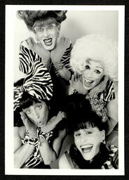 Press photograph for the Kinsey Sicks show, "Motel Sicks: A Dragapella Summer Vacation." Left to right: Winnie (Irwin Keller), Rachel (Ben Schatz), Trixie (Maurice Kelly), and Trampolina (Chris Dilley). 