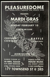 Poster for a Mardi Gras benefit event for the Lesbian and Gay Chorus of San Francisco, which took place at the Pleasuredome club. This item is undated. 