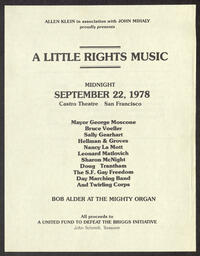 Flyer for the event A Little Rights Music, where the San Francisco Gay Freedom Day Marching Band and Twirling Corps performed. This is a page of a scrapbook in this collection. 