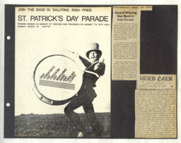 Flyer for the San Francisco Gay Freedom Day Marching Band and Twirling Corps St. Patrick's Day Parade performance. This is a page from a scrapbook in this collection. 