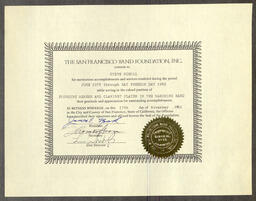 Steve Scholl San Francisco Band Foundation certificate (scrapbook page)