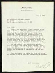 Letter written to the San Francisco Gay Men's Chorus from William T. Pugh after their performance in Lincoln, Nebraska as part of their 1981 National Tour. 