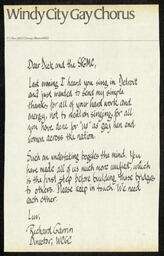 Letter written to the San Francisco Gay Men's Chorus from Richard Garrin, the director of the Windy City Gay Chorus, after their performance in Detroit, Michigan as part of their 1981 National Tour.