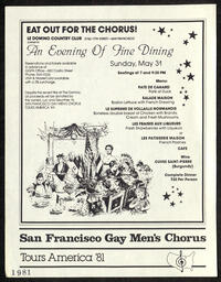 Flyer for an event benefiting the San Francisco Gay Men's Chorus 1981 National Tour. 