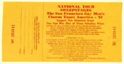 Entry ticket for the National Tour Sweepstakes, which was a fundraiser organized by the San Francisco Gay Men's Chorus to support their 1981 National Tour. 
