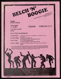Flyer for the benefit event, Belch 'N' Boogie, which took place at the I-Beam club and was organized in order to raise funds for the Chorus' 1981 National Tour. 