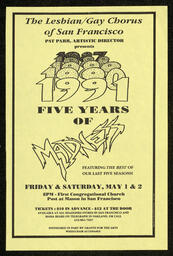 Flyer for the Lesbian and Gay Men's Chorus of San Francisco concert, Five Years of Madness, presented by Pat Parr, Artistic Director. 