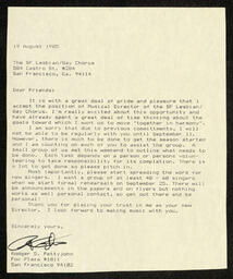 Letter written by Rodger Pettyjohn accepting the position of Musical Director at the Lesbian and Gay Chorus of San Francisco. 