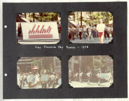 Photographs of the San Francisco Gay Freedom Day Marching Band and Twirling Corps during the 1978 Gay Freedom Day Parade. This item is a page from a scrapbook in this collection. 