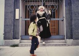 Sadie, Sadie the Rabbi Lady posing in front of a synagogue (2)