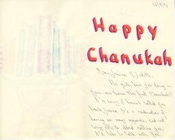A Hanukkah card addressed to Jessica Barshay and her partner Judith Masur. Barshay was a therapist who lived with multiple disabilities; her faith incorporated both Judaism and Buddhism.