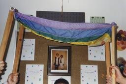 The rainbow chuppah at Cora Latz and Etta Perkins' 1998 vow renewal at the Jewish Home for the Aged.
