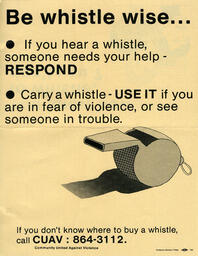 A Community United Against Violence flyer advising the community on the use of emergency whistles.