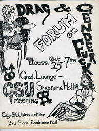 A flier for a "Drag & Genderfuck Forum" held at UC Berkeley in the early 1970s.