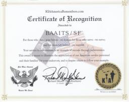 BAAITS Certificate of Recognition from KIA America Remembers 